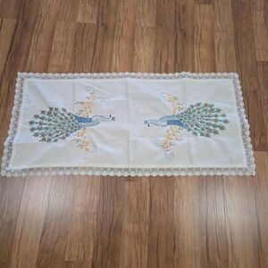 Vintage Embroidered Lace Table Runner Peacock Design